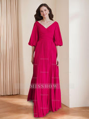 V-neck A-Line Princess Floor-Length Mother of the Bride Dress with 3/4 Sleeves and Ruffles