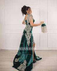 Velvet Dark Green Long Split Mermaid Prom Evening Dresses