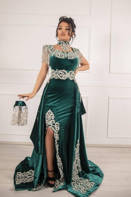 Velvet Dark Green Long Split Mermaid Prom Evening Dresses