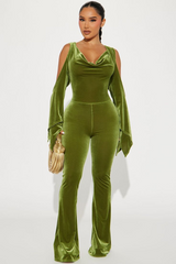 Velvet Green Special Tight Long Off-the-Shoulder Sleeves Jump Suit