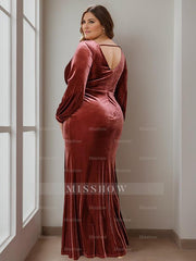 Velvet Mother of the Bride A-Line Dress with V-Neck and Ruffles Floor-Length Long Sleeves