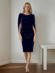 Velvet Mother of the Bride Dresses with Ruffles: A-Line Princess Scoop Half Sleeves Knee-Length