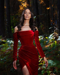 Velvet evening dresses long red | Prom Evening Dresses with sleeves