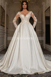 Vintage A Line Long Sleeve White Beaded Lace-up Lace Ball Gown Wedding Dresses with Pearls