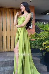 Vintage A-Line Satin Off-The-Shoulder Sleeveless Green Prom Dresses With Ruffles Split