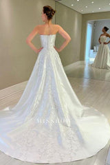 Vintage A-Line Satin Sleeveless White Long Wedding Dress With Appliques