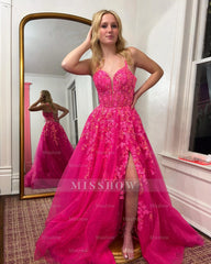 Vintage A-Line Tulle Spaghetti Straps Sleeveless Prom Dresses With Appliques Split Front