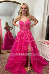 Vintage A-Line Tulle Spaghetti Straps Sleeveless Prom Dresses With Appliques Split Front