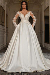 White v-neck applique ball gown wedding dress