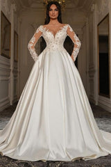 White v-neck applique ball gown wedding dress