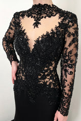 Vintage Black Mermaid Lace High-Neck Long Sleeves Beaded Cathedral Train Satin Evening Dresses