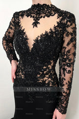 Vintage Black Mermaid Lace High-Neck Long Sleeves Beaded Cathedral Train Satin Evening Dresses