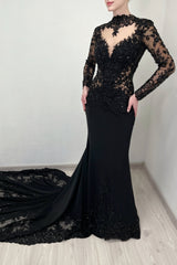 Vintage Black Mermaid Lace High-Neck Long Sleeves Beaded Cathedral Train Satin Evening Dresses