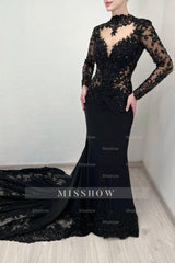 Vintage Black Mermaid Lace High-Neck Long Sleeves Beaded Cathedral Train Satin Evening Dresses