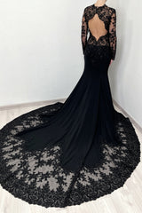 Vintage Black Mermaid Lace High-Neck Long Sleeves Beaded Cathedral Train Satin Evening Dresses