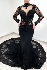 Vintage Black Mermaid Lace High-Neck Long Sleeves Beaded Cathedral Train Satin Evening Dresses