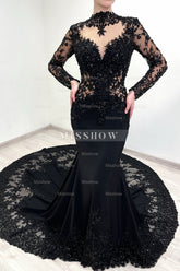 Vintage Black Mermaid Lace High-Neck Long Sleeves Beaded Cathedral Train Satin Evening Dresses