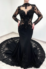 Vintage Black Mermaid Lace High-Neck Long Sleeves Beaded Cathedral Train Satin Evening Dresses