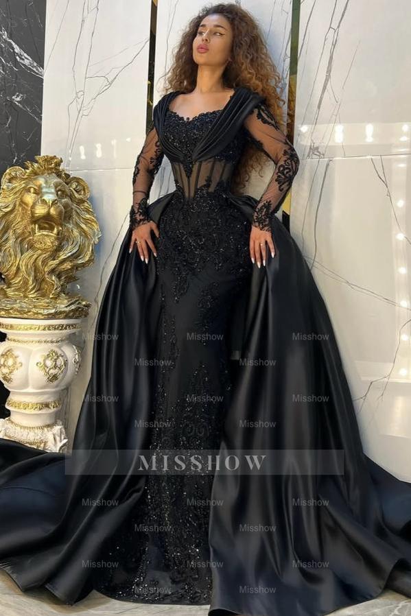 Vintage Black Mermaid Sweetheart Long Sleeves Sequined Panel Train Long Satin Evening Dresses With Appliques
