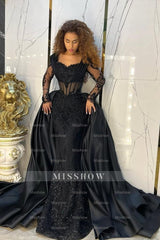 Vintage Black Mermaid Sweetheart Long Sleeves Sequined Panel Train Long Satin Evening Dresses With Appliques