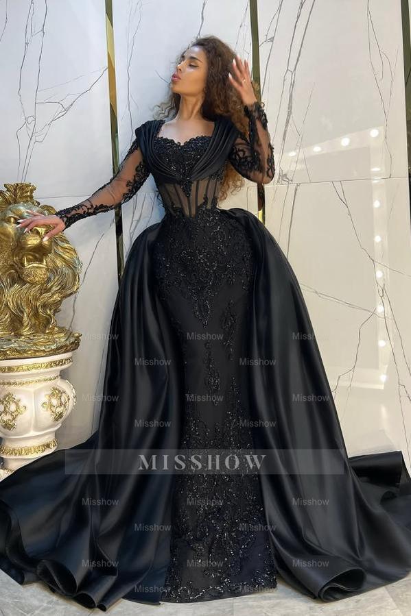 Vintage Black Mermaid Sweetheart Long Sleeves Sequined Panel Train Long Satin Evening Dresses With Appliques