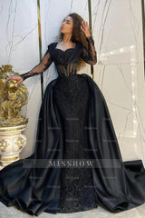 Vintage Black Mermaid Sweetheart Long Sleeves Sequined Panel Train Long Satin Evening Dresses With Appliques