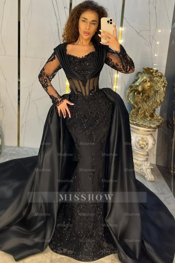 Vintage Black Mermaid Sweetheart Long Sleeves Sequined Panel Train Long Satin Evening Dresses With Appliques