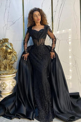 Vintage Black Mermaid Sweetheart Long Sleeves Sequined Panel Train Long Satin Evening Dresses With Appliques