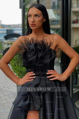 Vintage Black Strapless Flower A-Line Floor-length Prom Evening Dresses with Slit