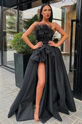 Vintage Black Strapless Flower A-Line Floor-length Prom Evening Dresses with Slit