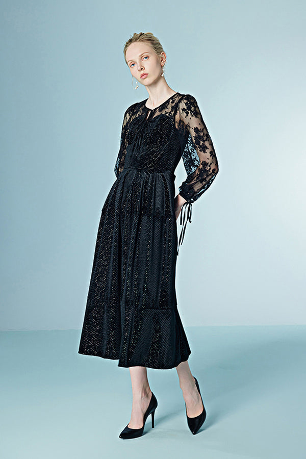 Vintage Black Tea Length Lace A-line Dress with Long Sleeves