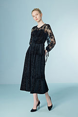 Vintage Black Tea Length Lace A-line Dress with Long Sleeves