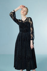 Vintage Black Tea Length Lace A-line Dress with Long Sleeves