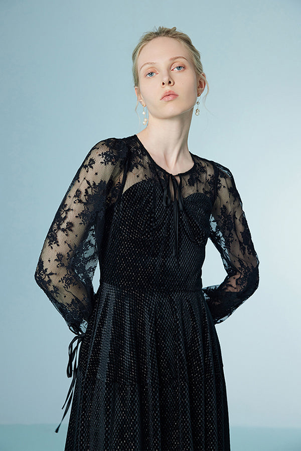 Vintage Black Tea Length Lace A-line Dress with Long Sleeves