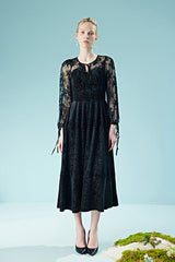 Vintage Black Tea Length Lace A-line Dress with Long Sleeves