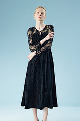 Vintage Black Tea Length Lace A-line Dress with Long Sleeves
