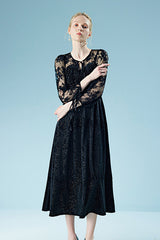 Vintage Black Tea Length Lace A-line Dress with Long Sleeves
