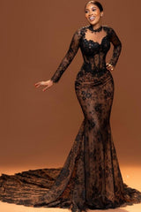 Vintage Brown Mermaid Crew Black Lace Beaded Long Sleeve Court Train Prom Evening Dresses