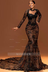 Vintage Brown Mermaid Crew Black Lace Beaded Long Sleeve Court Train Prom Evening Dresses