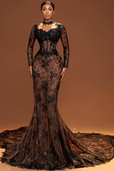 Vintage Brown Mermaid Crew Black Lace Beaded Long Sleeve Court Train Prom Evening Dresses