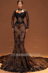 Vintage Brown Mermaid Crew Black Lace Beaded Long Sleeve Court Train Prom Evening Dresses