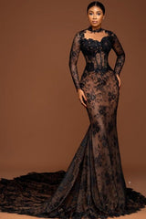 Vintage Brown Mermaid Crew Black Lace Beaded Long Sleeve Court Train Prom Evening Dresses