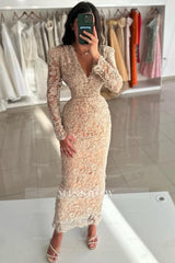 Vintage Champagne Column V-Neck Long Sleeves Beading Lace Ankle-Length Evening Dresses