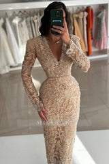 Vintage Champagne Column V-Neck Long Sleeves Beading Lace Ankle-Length Evening Dresses