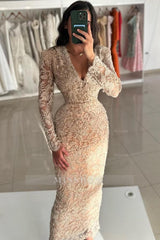Vintage Champagne Column V-Neck Long Sleeves Beading Lace Ankle-Length Evening Dresses