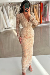 Vintage Champagne Column V-Neck Long Sleeves Beading Lace Ankle-Length Evening Dresses