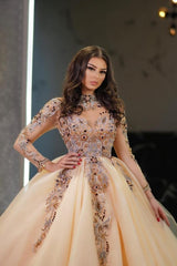 Vintage Champagne Long Sleeves High Neck Beaded Ball Gown Tulle Wedding Dresses With Rhinestone
