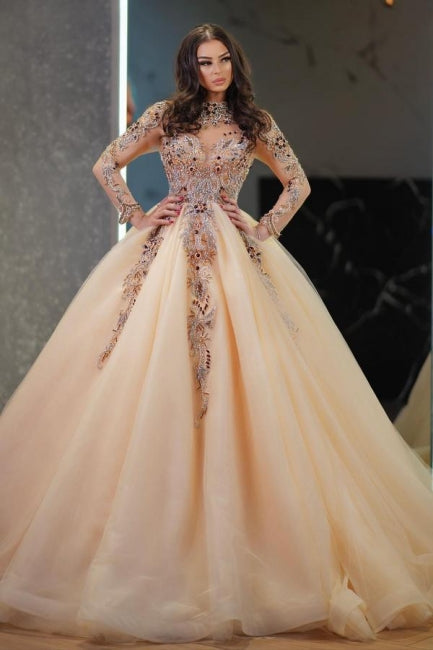 Vintage Champagne Long Sleeves High Neck Beaded Ball Gown Tulle Wedding Dresses With Rhinestone