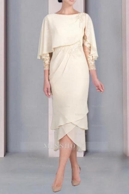 Vintage Column Mother of The Bride Dress Lace Scoop Cap Sleeve Bridesmaid Dresses With Appliques