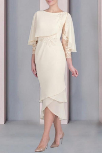 Vintage Column Mother of The Bride Dress Lace Scoop Cap Sleeve Bridesmaid Dresses With Appliques